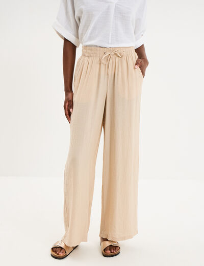 Pantalon large fluide taille &eacute;lastiqu&eacute;e beige femme