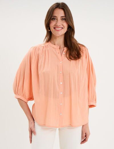 Blouse fluide oversize manches 3/4 coton rose saumon femme