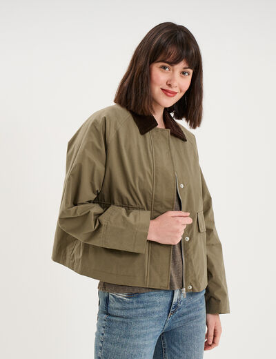 Veste courte oversize col velours c&ocirc;tel&eacute; taupe femme