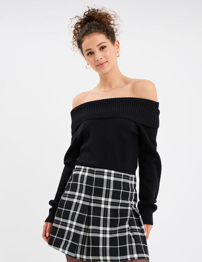 Pull cintré col bateau manches longues noir femme