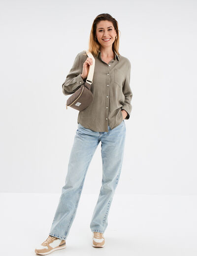 Chemise lin m&eacute;lang&eacute; manches longues vert kaki femme