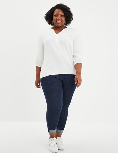 Blouse col tunisien manches 3/4 coton blanc femme grande taille