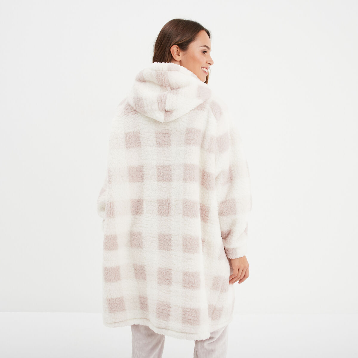 Poncho plaid effet polaire &agrave; capuche rose femme