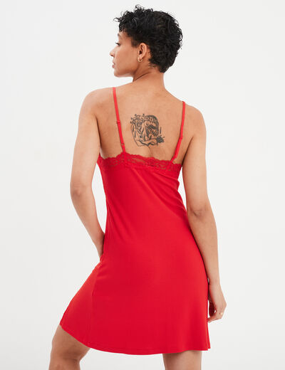 Nuisette côtelée fendue à dentelle rouge femme