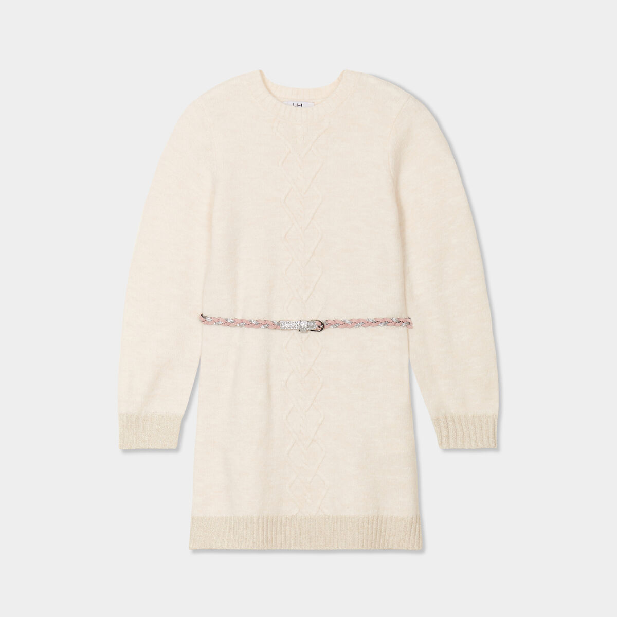 Robe pull courte avec ceinture tress&eacute;e ivoire fille
