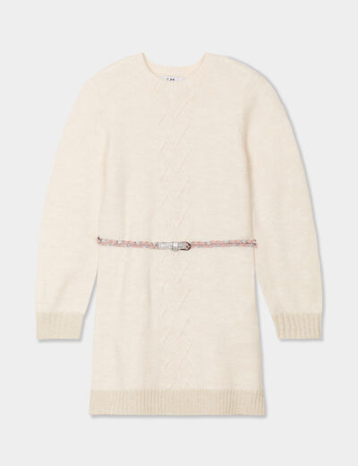 Robe pull courte avec ceinture tress&eacute;e ivoire fille
