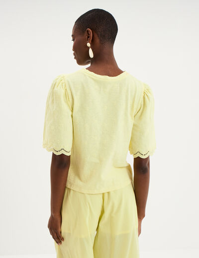 T-shirt brod&eacute; manches courtes coton jaune clair femme