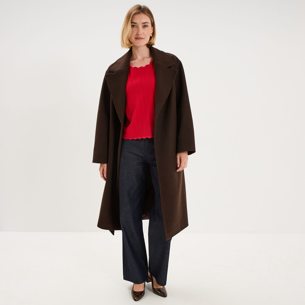 Pull ajour&eacute; col rond manches courtes rouge femme