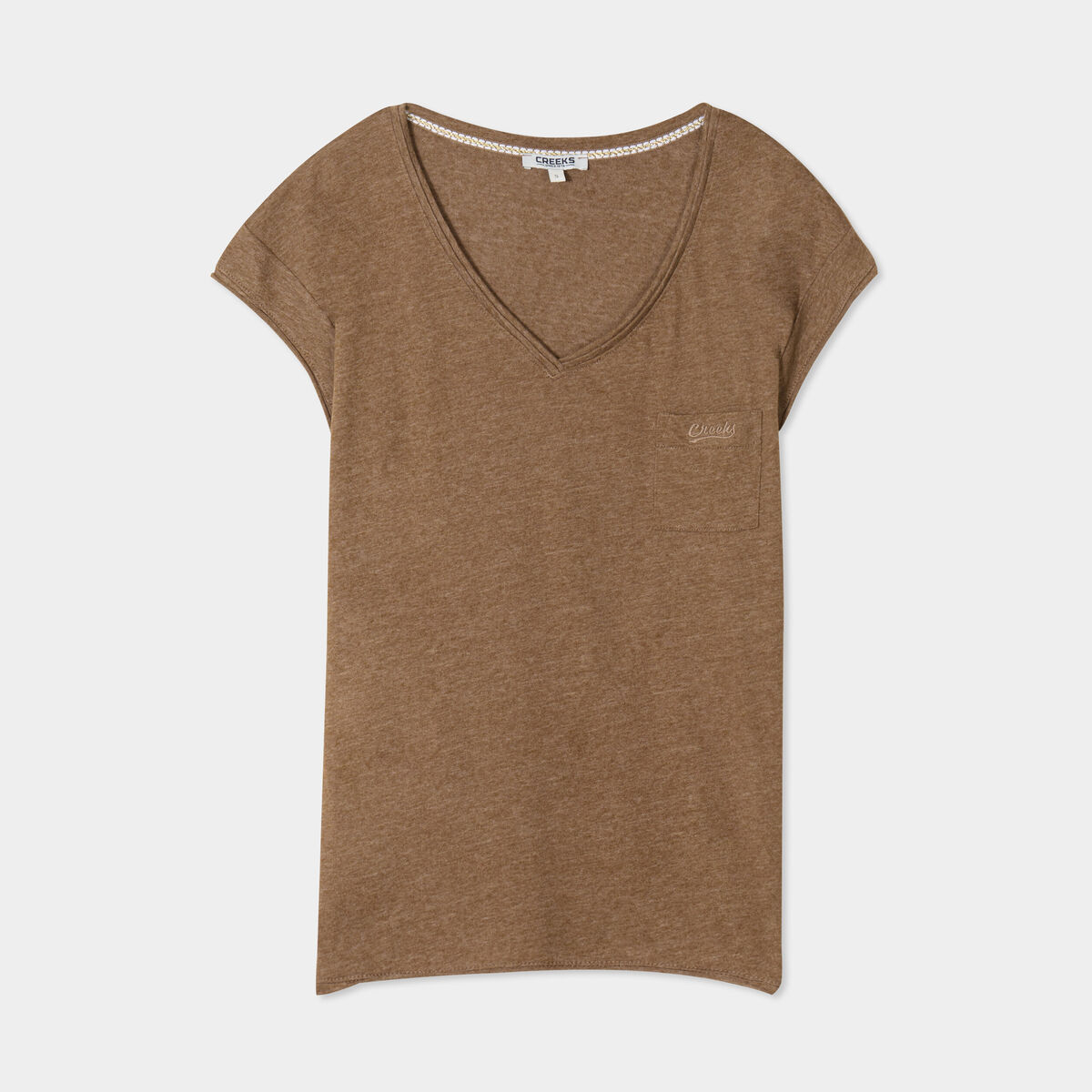 T-shirt col v poche poitrine Creeks taupe femme