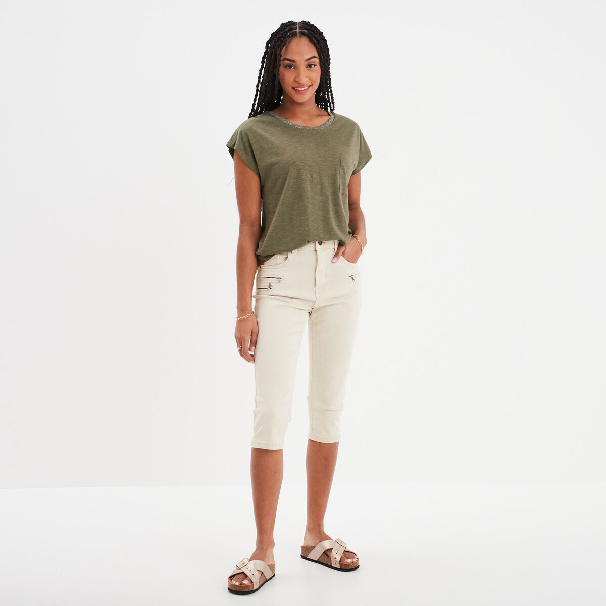 T-shirt manches courtes 1 poche Liberto vert kaki femme