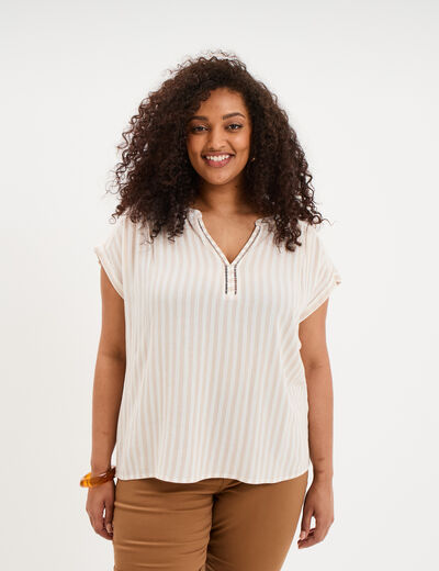 Blouse col en V manches courtes beige femme grande taille