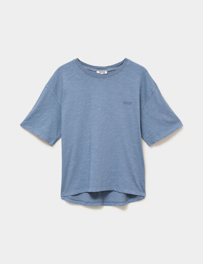 T-shirt col rond manches courtes coton bleu fonc&eacute; femme