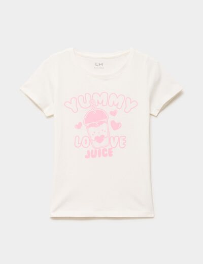 T-shirt col rond manches courtes coton ivoire fille