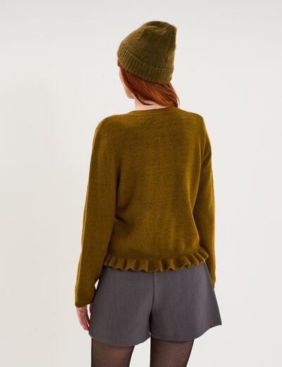Gilet col rond &agrave; volants boutonn&eacute; vert olive femme