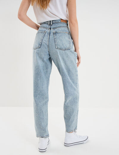 Jeans mom cropped taille haute denim bleach femme