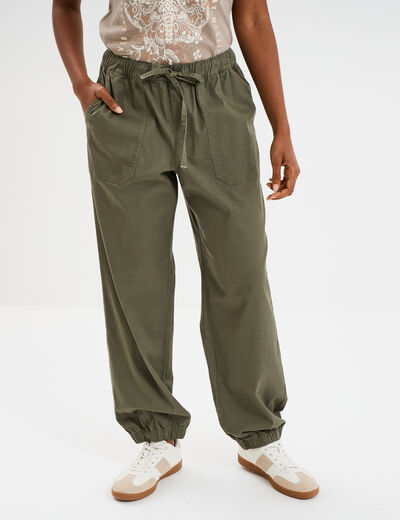 Pantalon droit battle taille élastiquée vert kaki femme