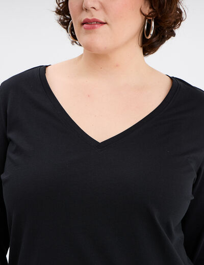 T-shirt col en V manches longues coton noir femme grande taille
