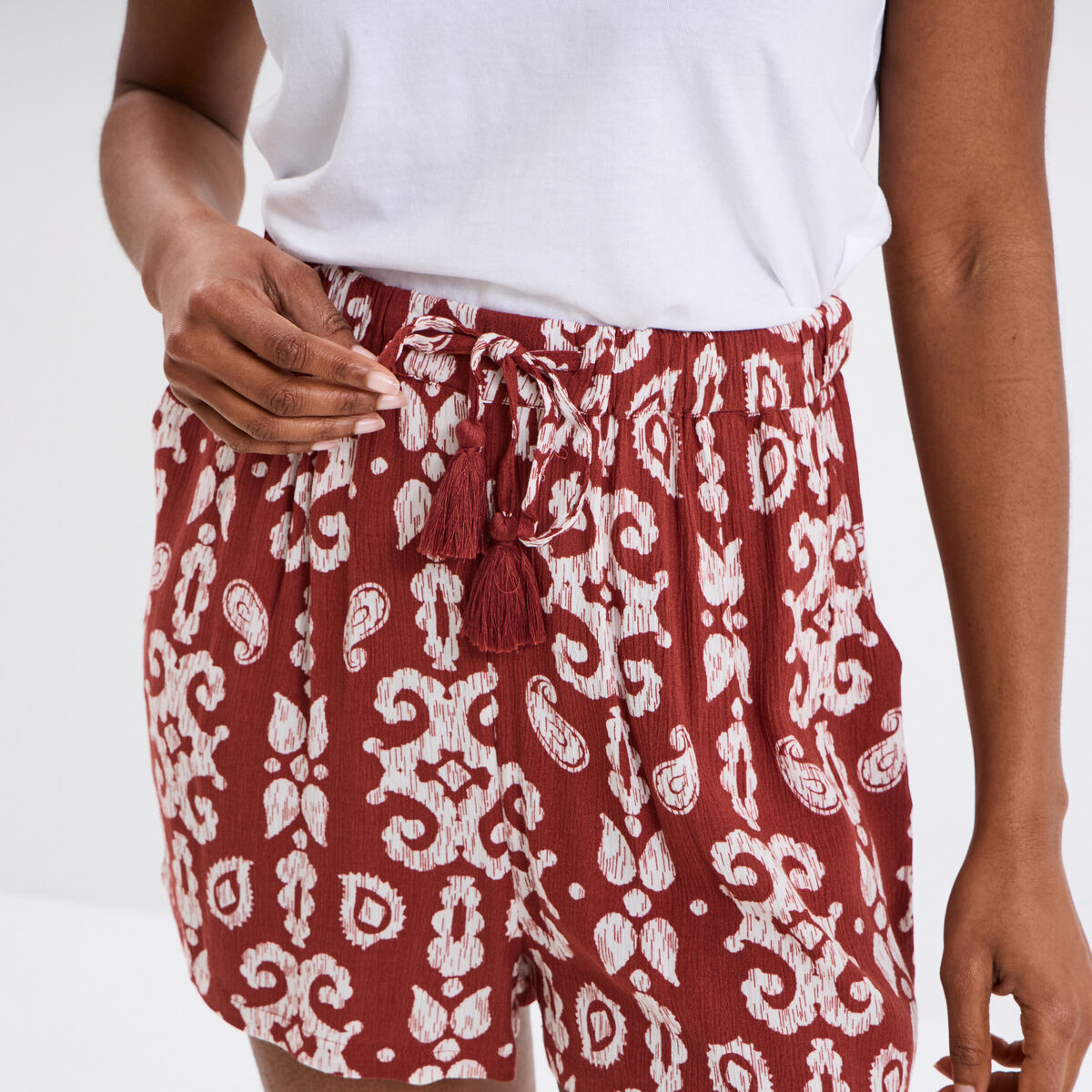 Short large crêpe avec pampilles terracotta femme