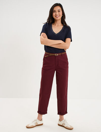 Pantalon chino regular ceinture tress&eacute;e violet fonc&eacute; femme