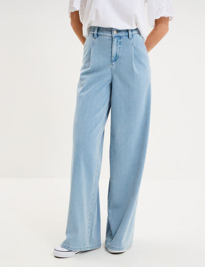 Jeans wide leg &agrave; pinces denim triple stone femme