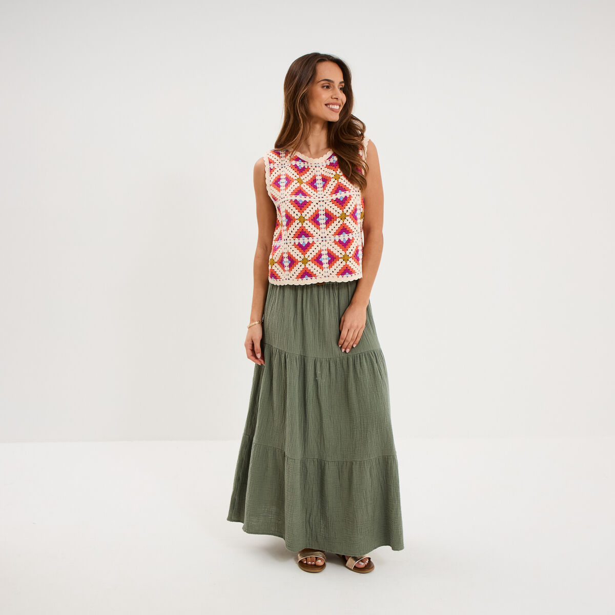 D&eacute;bardeur sans manches effet crochet multicolore femme