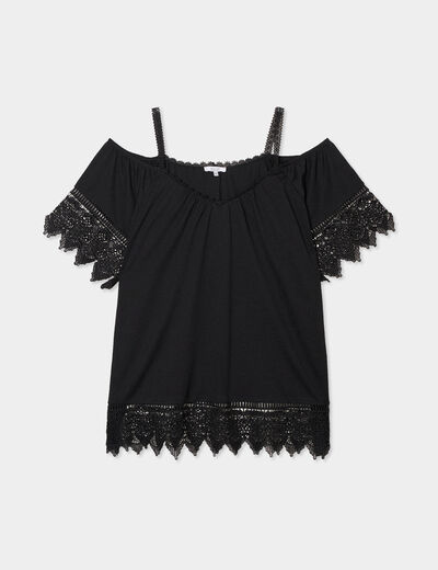 T-shirt col bardot avec dentelle noir femme grande taille