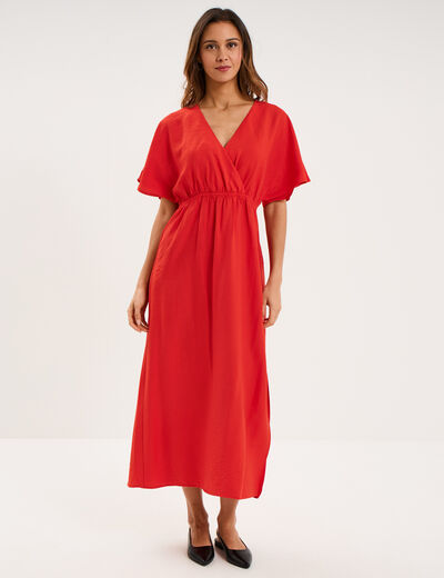 Robe longue col cache-coeur rouge femme