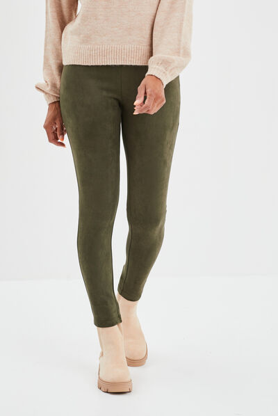 Pantalon suédine slim taille élastiquée vert kaki femme