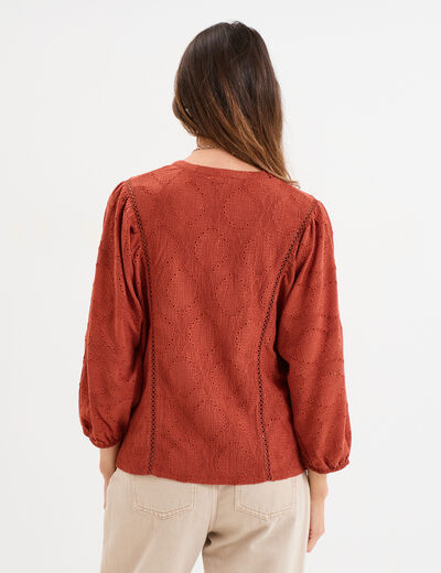 T-shirt ajouré manches 3/4 col en V vieux rose femme