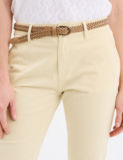 Pantalon chino 7/8ème ceinture tressée creme femme