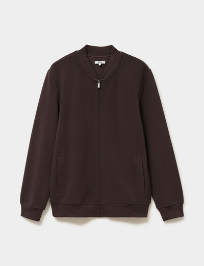 Gilet reli&eacute;f&eacute; manches longues zipp&eacute; marron fonc&eacute; homme