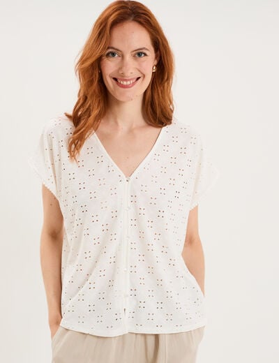 T-shirt dentelle avec boutons blanc femme