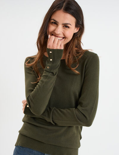 Pull col rond boutons aux poignets vert kaki femme