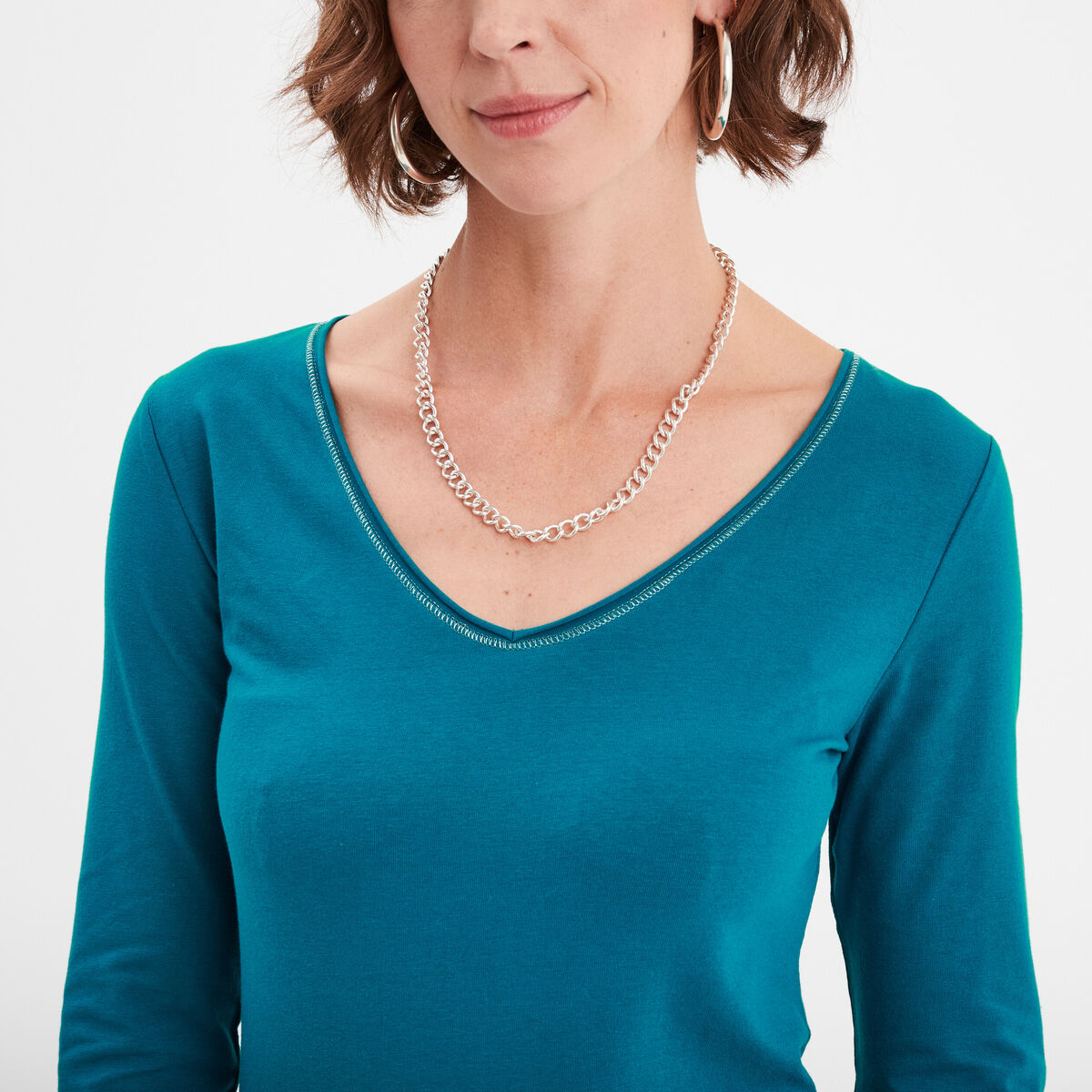 T-shirt manches longues col en V coton bleu canard femme