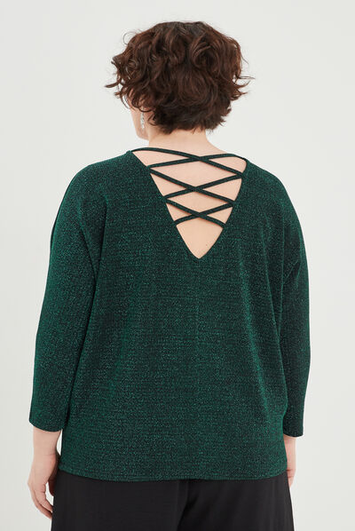 T-shirt manches chauves-souris dos en V vert canard femme grande taille