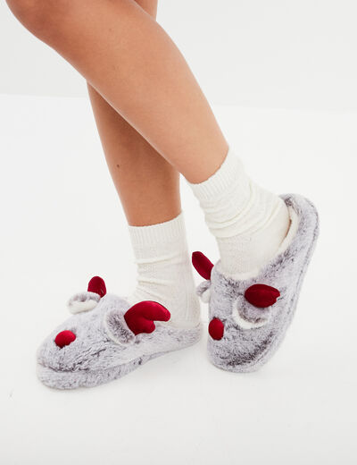Chaussons mules fausse fourrure gris femme