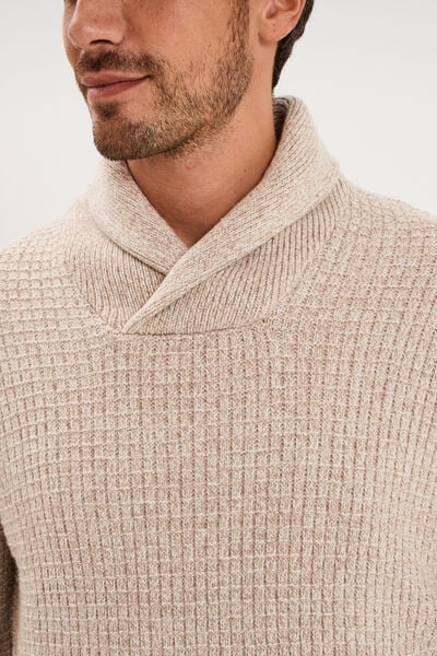 Pull col ch&acirc;le manches longues ecru homme