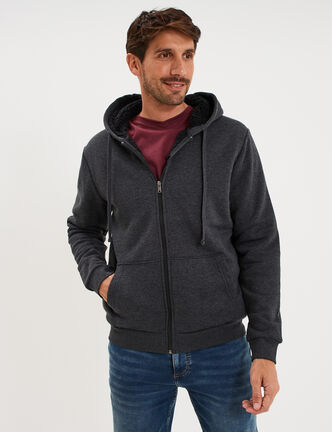 Sweat zipp&eacute; doublure effet sherpa gris fonc&eacute; homme