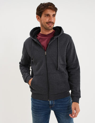 Sweat zipp&eacute; doublure effet sherpa gris fonc&eacute; homme