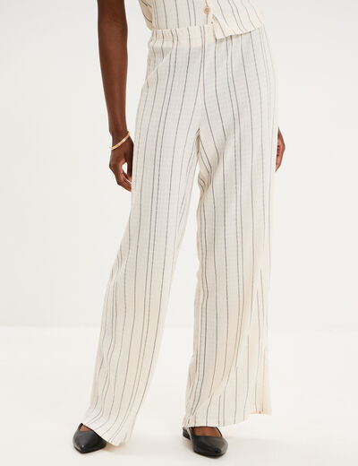 Pantalon large gaufr&eacute; taille &eacute;lastiqu&eacute;e blanc femme