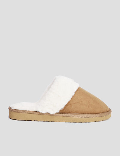 Chaussons mules col en fausse fourrure camel femme