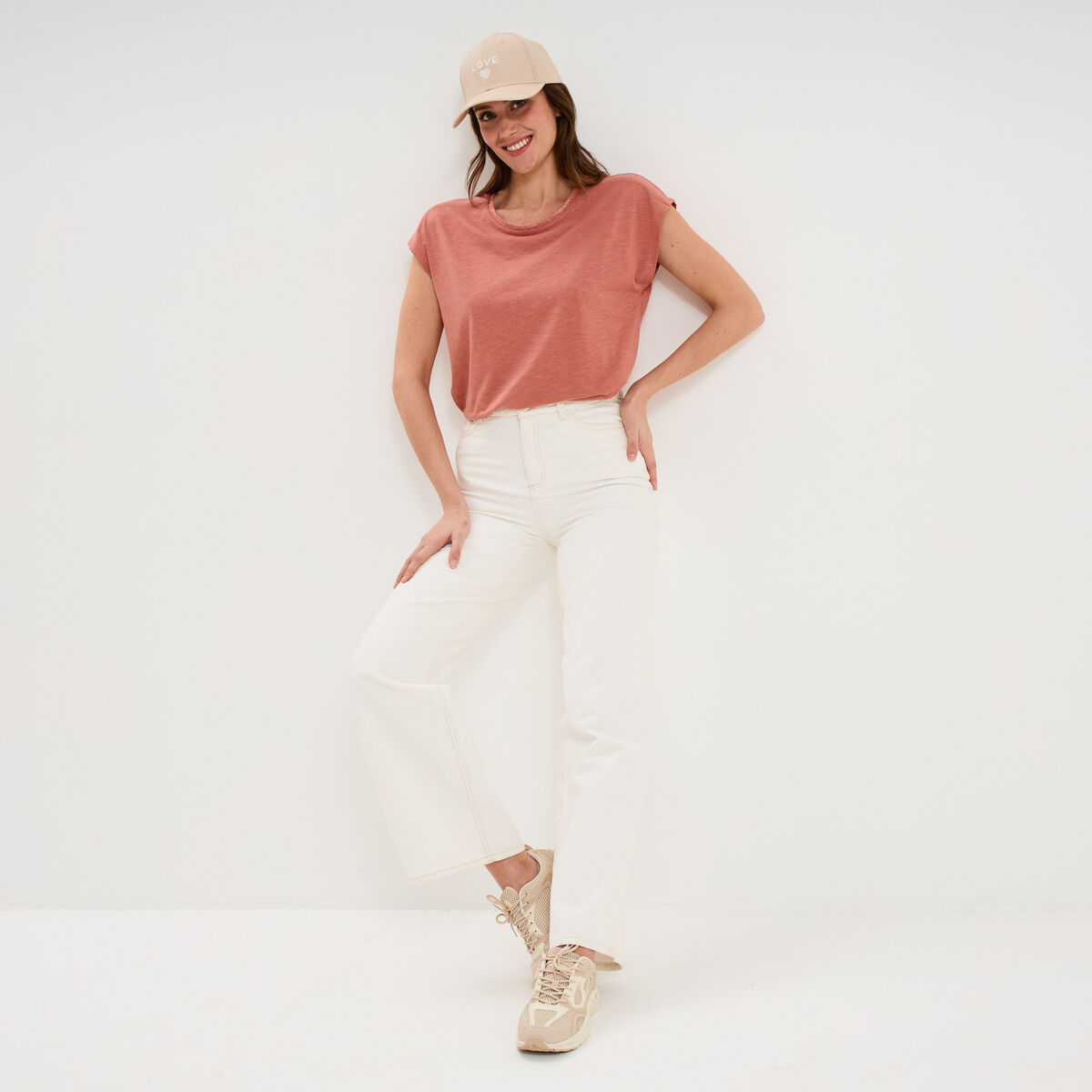T-shirt col rond manches courtes terracotta femme