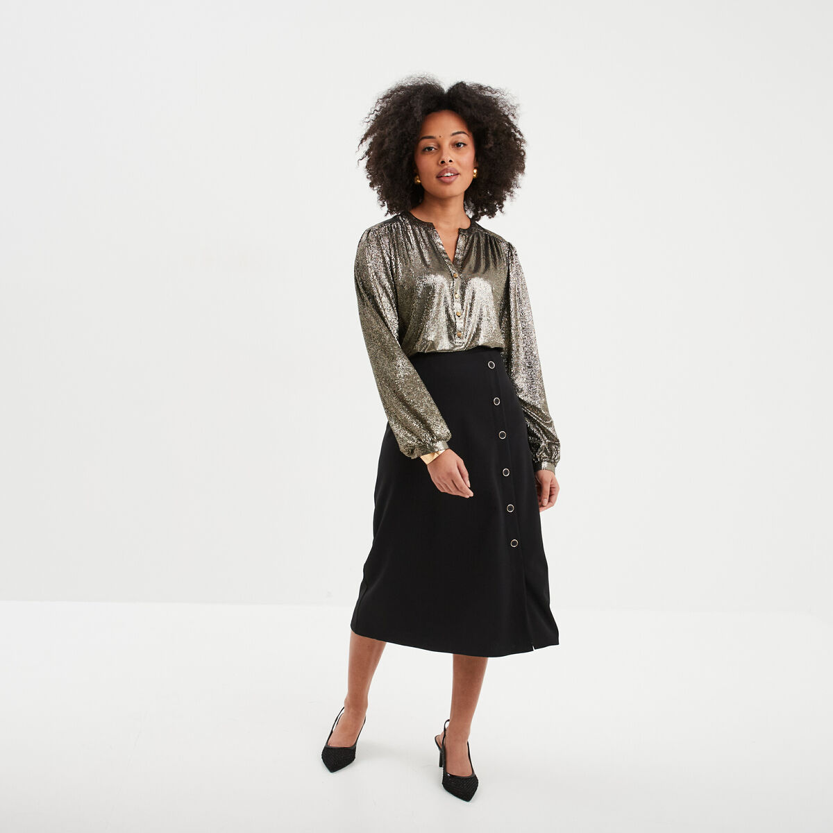 Blouse m&eacute;tallis&eacute;e manches longues jaune or femme
