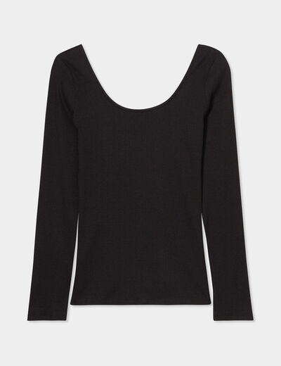T-shirt côtelé cintré manches longues noir femme