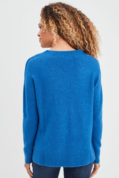 Pull col en V fentes aux côtés bleu roi femme