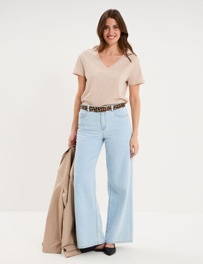 T-shirt manches courtes col en V coton beige femme