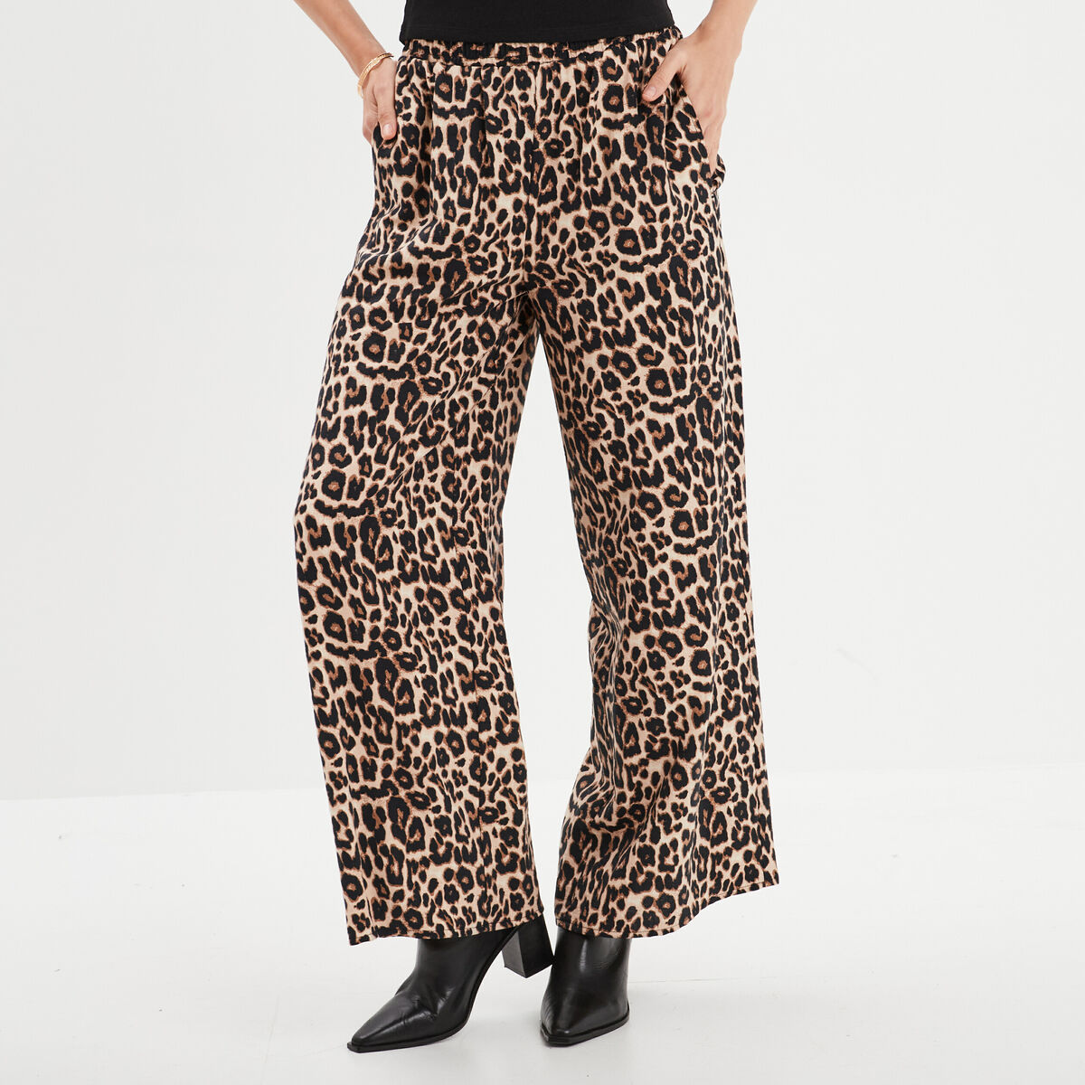 Pantalon large fluide taille &eacute;lastiqu&eacute;e beige femme