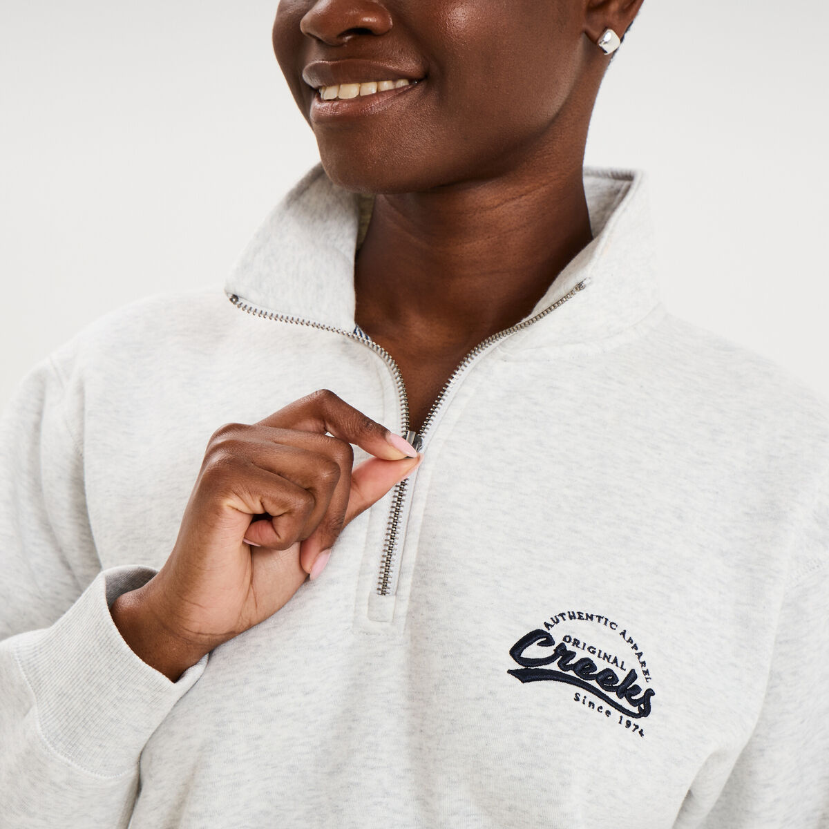 Sweat col camionneur zipp&eacute; gris clair femme