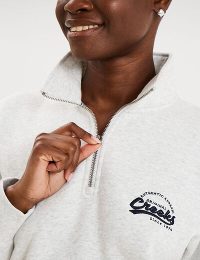 Sweat col camionneur zipp&eacute; gris clair femme
