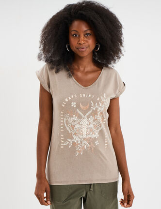 T-shirt coton col en V manches courtes vert kaki femme